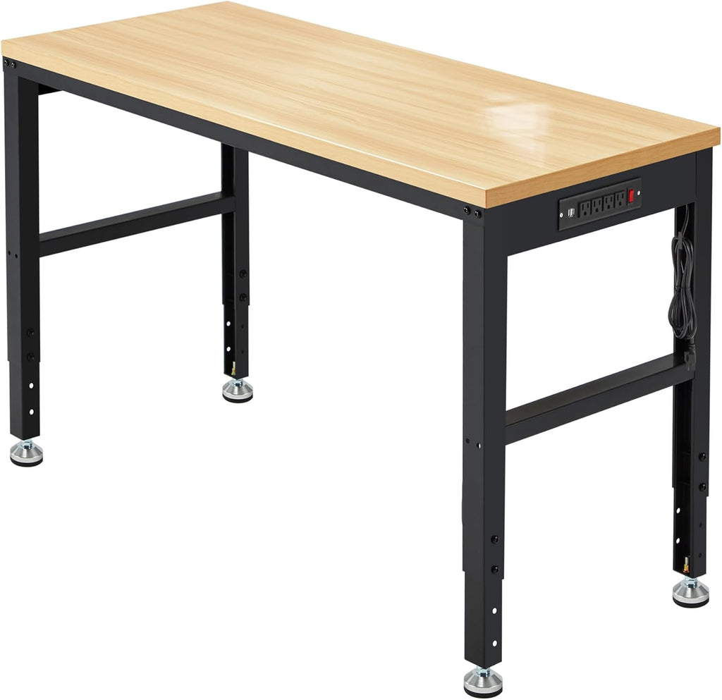 48” Adjustable Workbench，Heavy Duty Wood Work Bench 2000 Lbs Load Capacity,Work Table with Power Outlet for Garage, Workshop, Office, Home