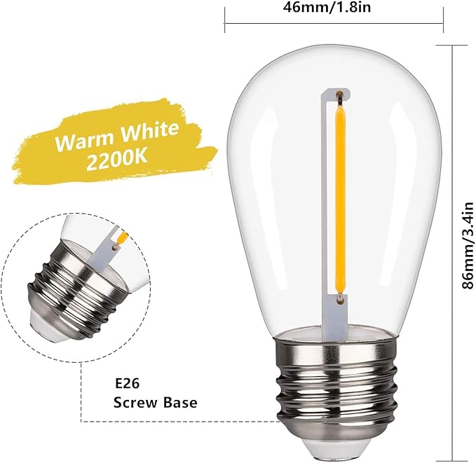 15 Pack S14 LED String Light Bulbs, 1W Shatterproof & Waterproof Outdoor Indoor Replacement Bulbs, E26 Base Edison LED Light Bulbs Warm White 2200K. (S14 15Pack)