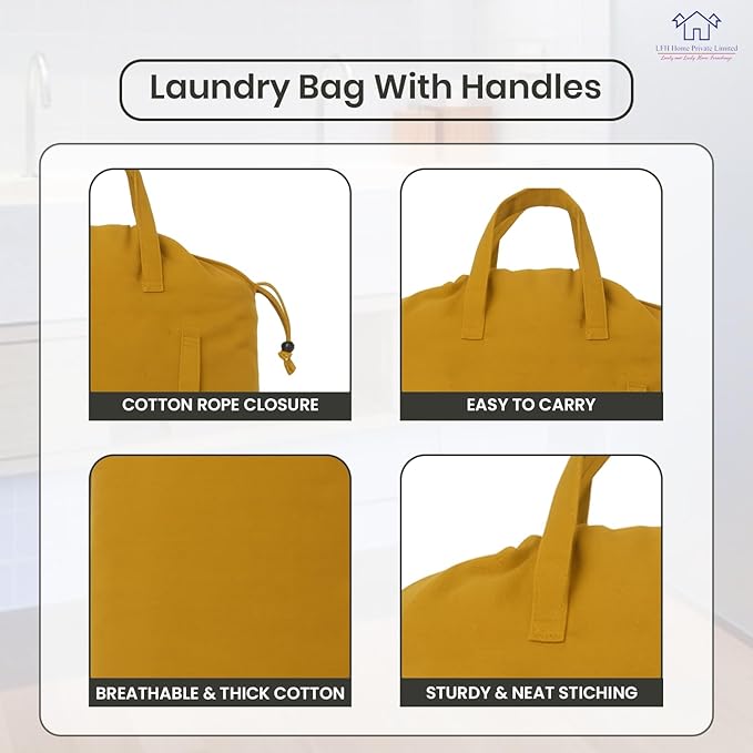 LFH Home Cotton Canvas Large Laundry Bag with Handle, Heavy Duty Drawstring Closure Washable Laundry Bags, School Travel, Home, Hotel, College Dorm, Organizer Sack, Toys Clothes 28x40-Yellow