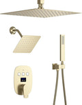 Temperature Display Brushed Gold Shower System Set, Push Button Shower Faucet with 12 inch Ceiling Mount Shower Head and 8 inch Wall Mount Shower Head, with Handheld Shower