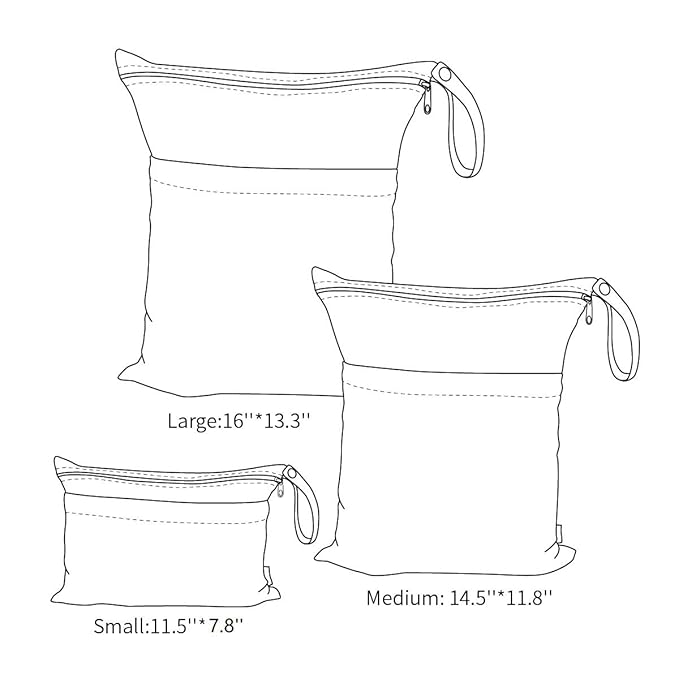 ALVABABY 3 Cloth Diaper Wet Dry Bags Waterproof Reusable with Two Zippered Pockets Travel Beach Pool Daycare Soiled Baby Items Yoga Gym Bag for Swimsuits or Wet Clothes Small medium Large 3L-SML07