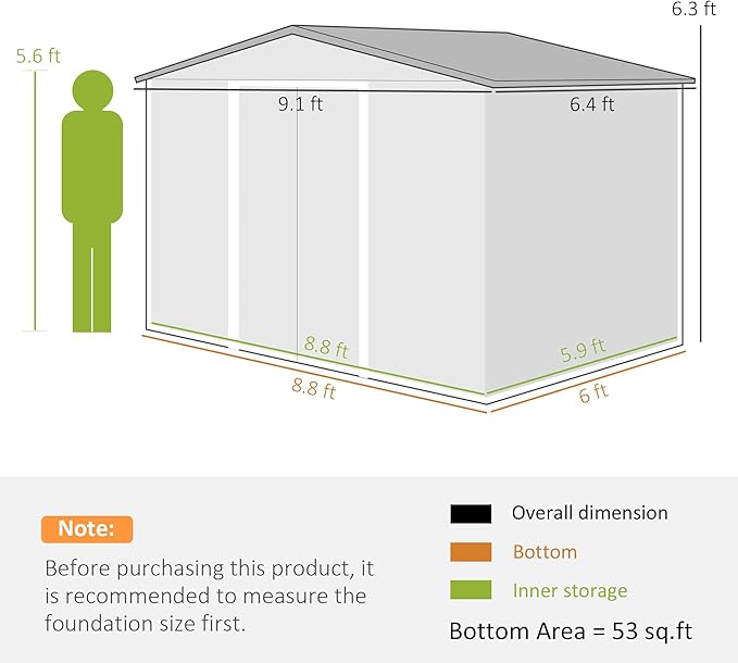 Outsunny 9' x 6' Outdoor Storage Shed, Garden Tool Metal Shed with Foundation Kit, Double Lockable Door, Air Vents and Sloping Roof, for Backyard, Patio, Lawn, Silver
