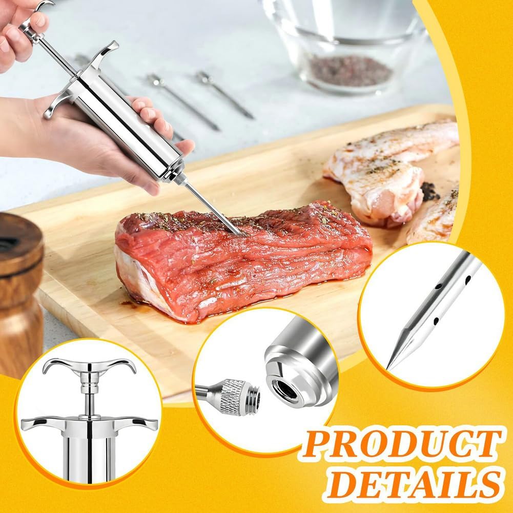 304-Stainless Steel Meat Injector Syringe Kit with 3 Marinade Needles for BBQ Grill Smoker, Turkey, Brisket, Beef, Fish, 2-oz Large Capacity, Silicone Brush and Cleaning Brush