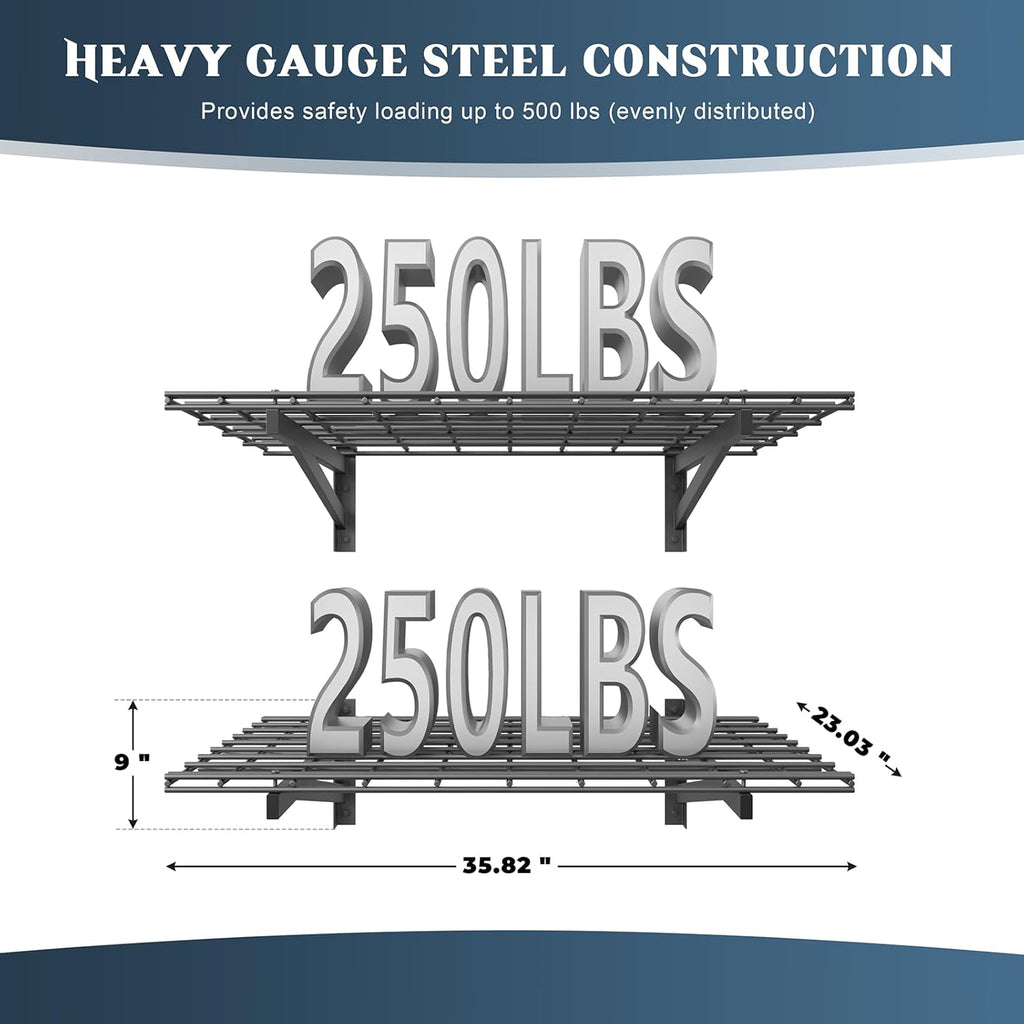 2 Pack Heavy Duty Garage Wall Shelving Set (2x3ft), Wall Mounted Garage Shelves 500lbs Capacity, 24"x72" Wall Shelf Storage Rack Floating Shelves, Black
