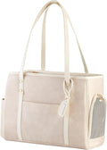 Fashion Dog Carrier Purse, Premium Leather Cat Carrier Bag, Airline Approved Soft Sided Pet Travel Tote Bag with Pockets Beige