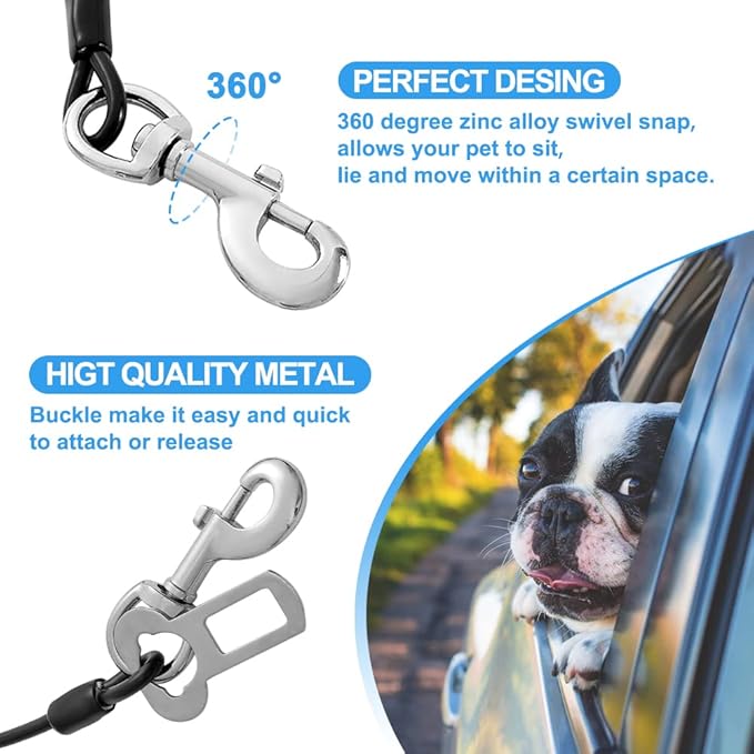 Dog Seat Belt Harness for Car,2pcs Dog Seatbelt of Coated Wire Leash Safety Restraint,No Chew Tether Cable Vehicle Dog Accessories,Double Clips & Latch (2 Pack Black, 16 inch/40 CM)