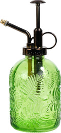 11.8 Ounce Glass Plant Spray Bottle, Glass Leaf Print One Handed Watering Can with Antique Brass Plastic One Handed Top Pump, 7.6 Inch Tall Indoor and Outdoor Plant Small Spray Bottle (Green)