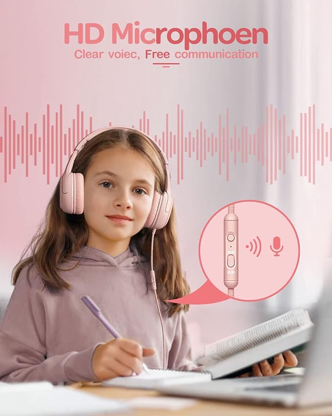 Kids Headphones with Microphone Foldable Stereo Tangle-Free 3.5mm Jack Wired Cord On-Ear Headset for Children/Teens/Boys/Girls/Smartphones/School/Kindle/Airplane Travel/Plane/Tablet (Pink)