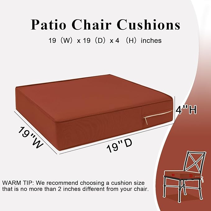 Outdoor Chair Cushions Set of 2 for Patio Furniture 19x19x4 Inch Waterproof Patio Chair Cushion 3 Year Color Fastness Square Elastic Foam Garden Sofa Couch Pads with Ties and Handle,Spice