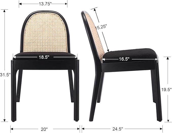 Mid Century Dining Chairs Set of 4, Accent Rattan Sherpa Fabric Side Chairs Kitchen Chair with Solid Wooden Legs for Living Room Dining Room, Black
