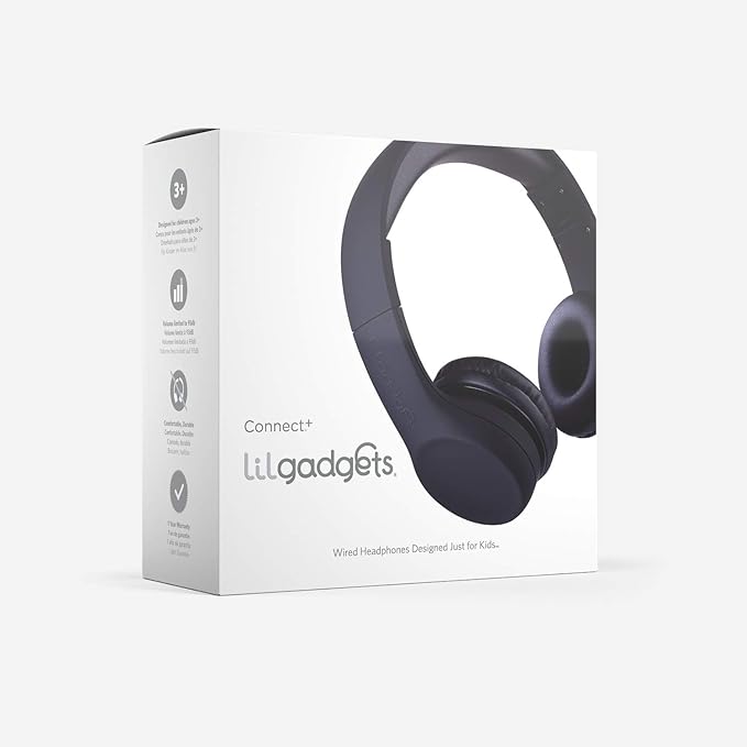 LilGadgets Connect+ Wired Kids Headphones for School with Mic, Volume Limited & Noise Reduction, On-Ear Headset with Cord, SharePort Technology for Multiple Kids & SoftTouch Padding, Black