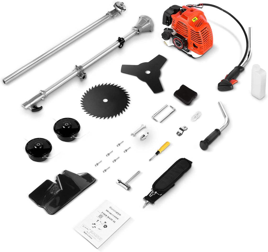 58CC Weed Wacker Brush Cutter, Gas Powered String Trimmer 4-in-1 Gas Weed Eater with 4 Detachable Heads Straight Shaft 2-Cycle for Weed, Brush(Orange)