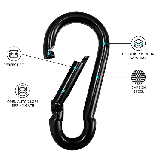 KINLINK 2 Pack Black Carabiner Clip, 5.5 inch Heavy Duty Spring Snap Hook, Large Caribeener Clips for Camping, Swing Set, Hammock, Hiking, Travel, Weight Lifting Machine, Home Gym Equipment