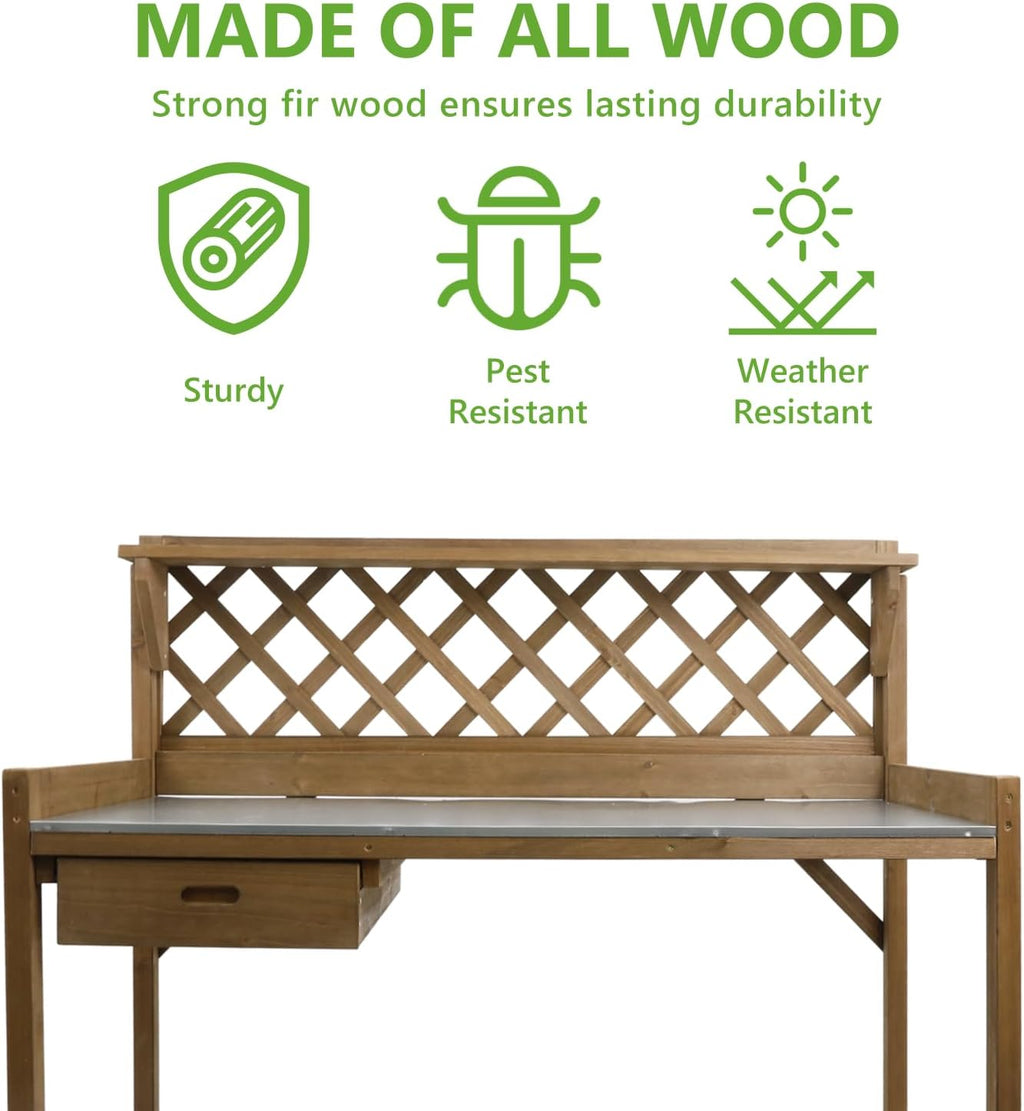 Garden Potting Benches & Tables,Outdoor Wooden Work Station W/Metal Table Top,Drawer,Large Bottom Shelf,Open Shelf Natural Wood-Natural Stained