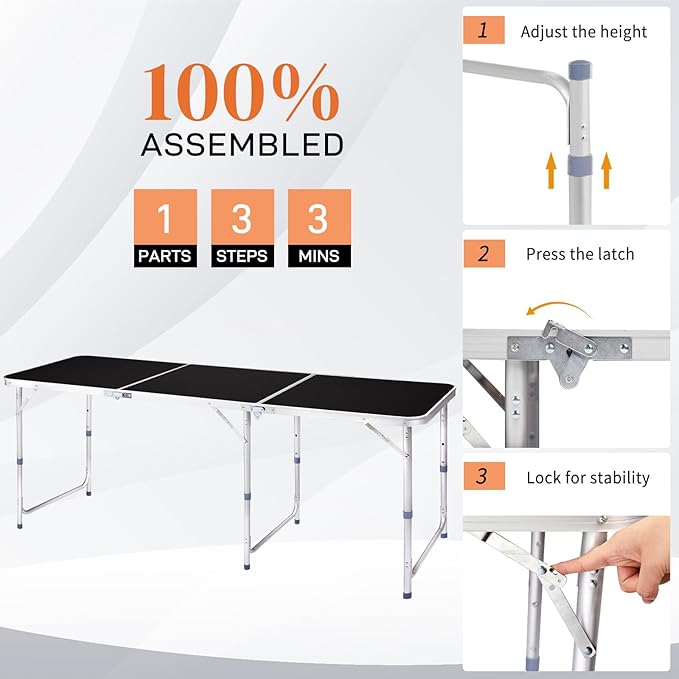 Outvita 6ft Portable Folding Camping Table, Outdoor Waterproof Adjustable Height Table, Aluminum Lightweight Suitcase Foldable Table for Picnic BBQ Beach Dining