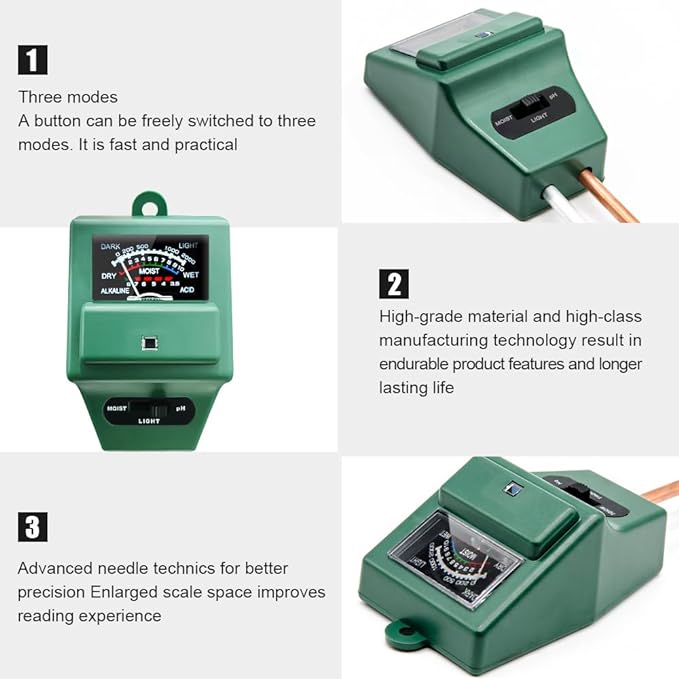 Soil pH Meter, MS02 3-in-1 Soil Moisture/Light/pH Tester Gardening Tool Kits for Plant Care, Great for Garden, Lawn, Farm, Indoor & Outdoor Use (Green)