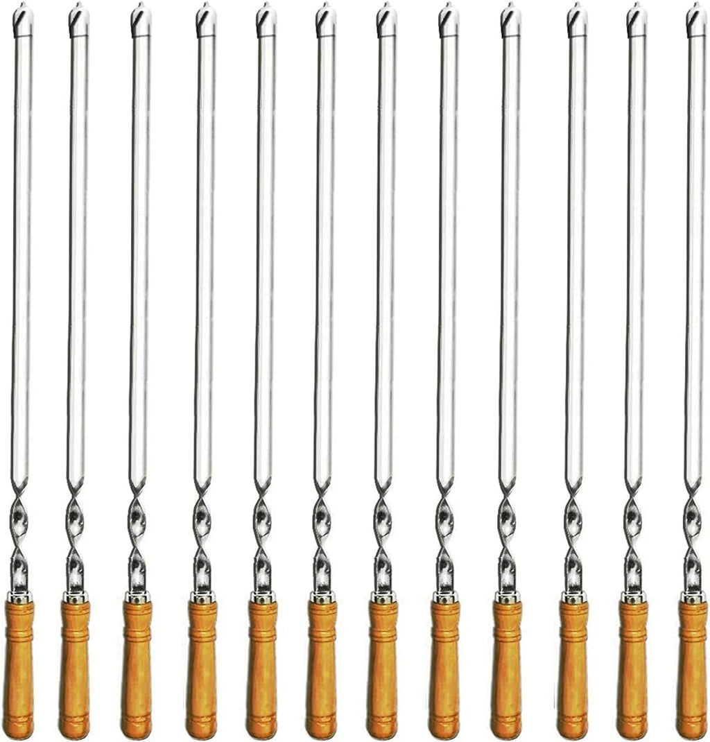 12 Pack Kabob Skewers BBQ Barbecue Skewers Stainless Steel Sticks 22 Inch Heavy Duty Large Wide Reusable with Nonslip Wooden Handle Ideal for Shish Kebab Chicken Shrimp and Vegetables
