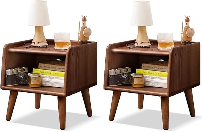 Small Nightstand, 100% Solid Oak Wood Bedside Table, Mid Century Modern Nightstand with Open Storage,Storage Cabinet for Bedroom (2pc Walnut Color)