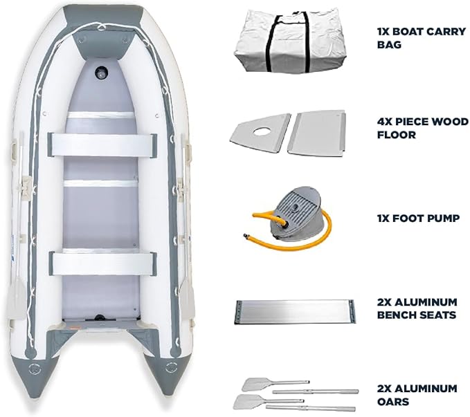 Newport 12ft 6in Catalina Inflatable Dinghy Boat Transom Sport Tender - 6 Person - 20 Horsepower USCG Rated, White/Gray