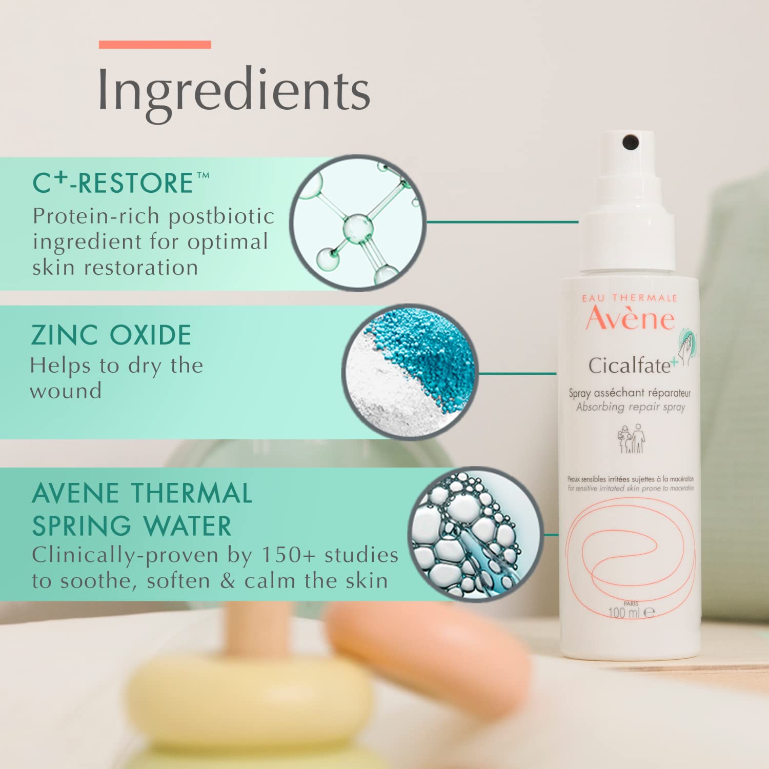Avene Cicalfate+ Absorbing Soothing Spray for Sensitive Skin - 3.38 fl oz, Dermatologically Tested