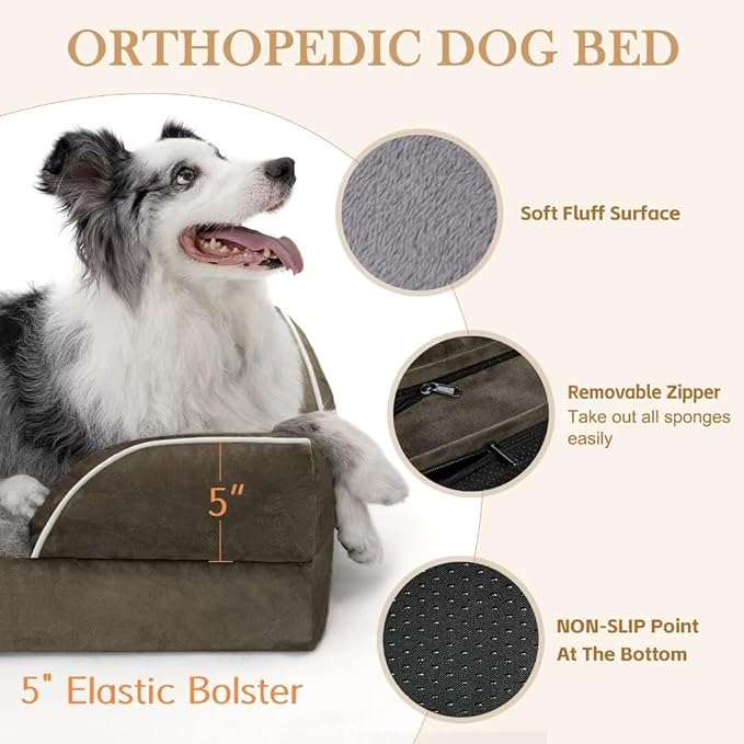 Comfort Expression XL Dog Bed for Extra Large Dogs, Waterproof Orthopedic Foam Dogs Beds with Bolster, Washable Dog Sofa Pet Bed with Removable Cover & Non-Slip Bottom(X-Large,Dark Green)