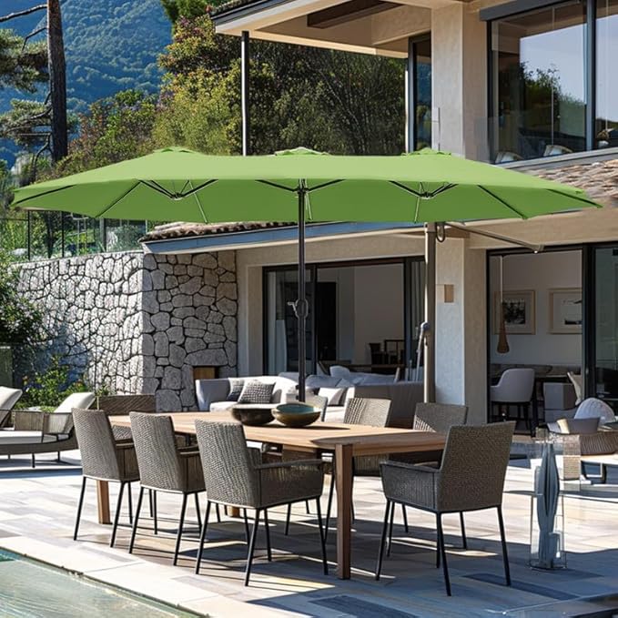 GREEN PARTY 15 ft Rectangle Patio Umbrella with Base Included, Double-Sided Table Umbrella with Crank, Large Outdoor Umbrellas for Patio Poolside Garden Backyard, Lime Green