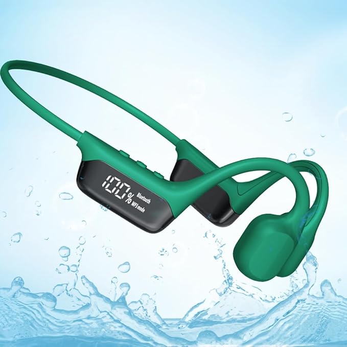 IHAO Swimming Headphones True Bone Conduction Open Ear Headset MP3 Player Built-in 32G Memory IP68 Underwater Waterproof Stereo Bluetooth Earphone for Driving Bicycling Running Skiing-S10 Green