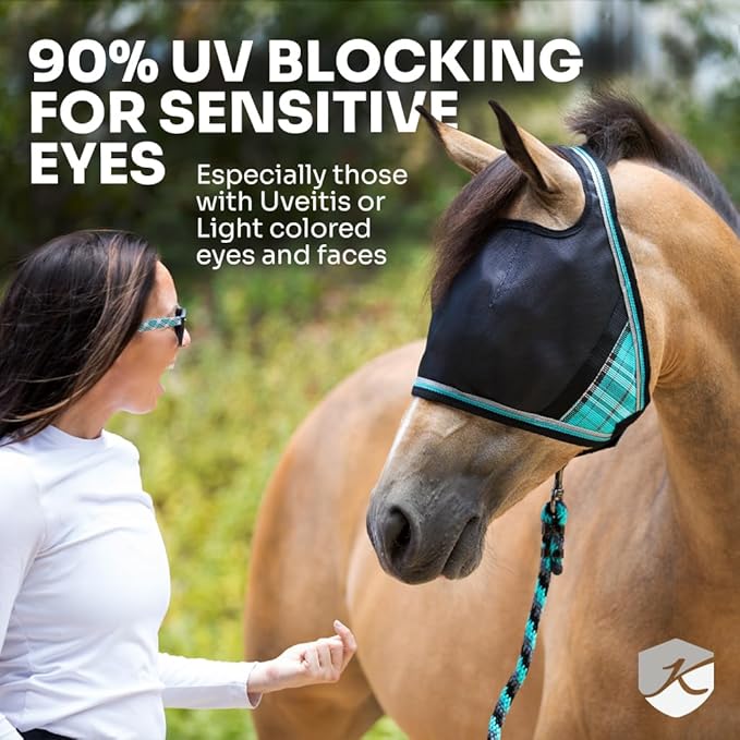 Kensington 90% UV Fly Mask Halter CatchMask UViator - Without Ears & Forelock Freedom Web Trim *Roomy Fit*- X-Large, Lavender Mint