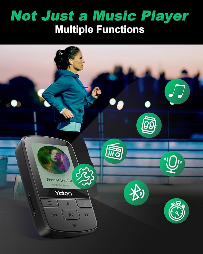 YOTON MP3 Player with Bluetooth 5.2, 64GB, HiFi-Music, with Sports Clip and Independent Volume Button, FM Radio, Earphones Included