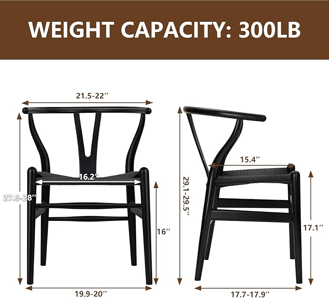 Wishbone Chair Natural Solid Wood Dining Chair/Hans Vegner Y Chair Rattan and Wood Accent Armrest Chairs Set of 4 (Ash Wood - Black)