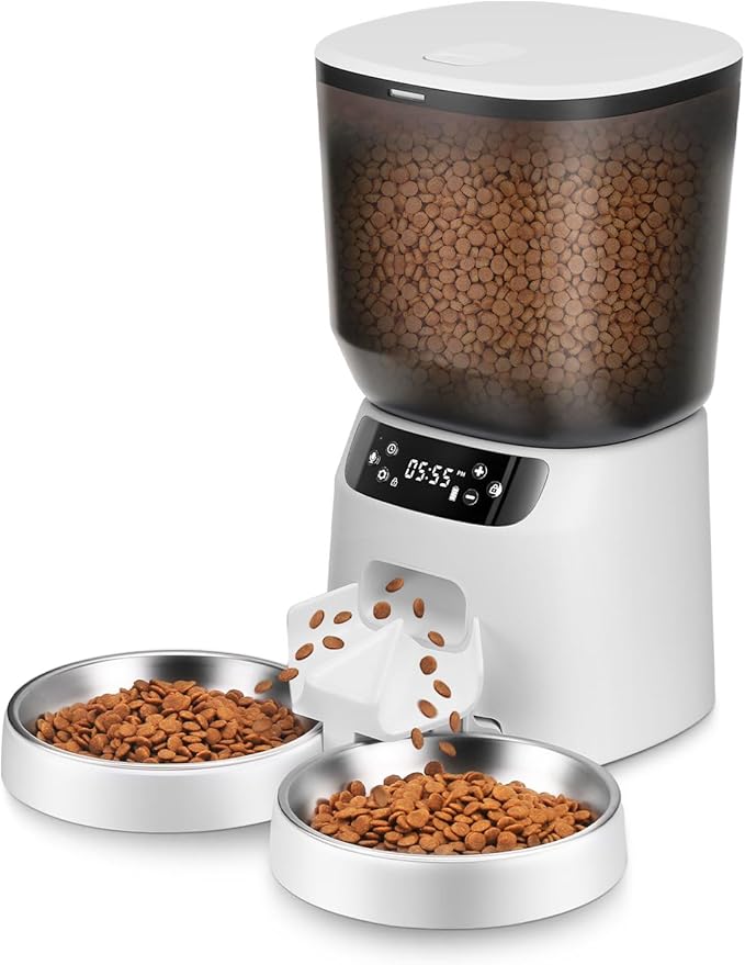 Automatic Cat Feeders for Two Cats, 5L/20 Cups Double Automatic Cat Food Dispenser with 2 Stainless Bowls, Timer Setting 20 Portions 6 Meals Per Day, 10s Meal Call, Pet Feeder for Dog (White)