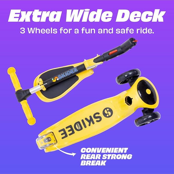SKIDEE Kick Scooters for Kids Ages 3-5, Adjustable Height Foldable Scooter with Removable Seat, 3 LED Light Wheels, Rear Brake, Wide Standing Board, Suitable Up to 12 Year Old Boys/Girls