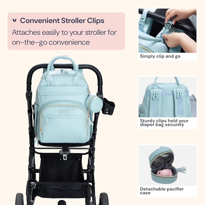 BabbleRoo Leather Diaper Bag Backpack - Baby Essentials Travel Baby Bag, Multi function, Waterproof, with Changing Pad, Stroller Straps & Pacifier Case – Unisex, Powder Blue