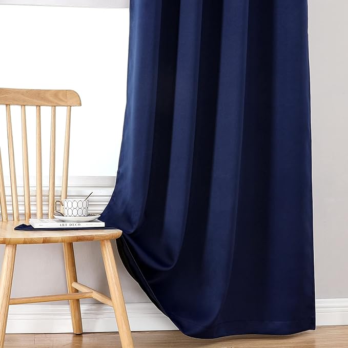 ChrisDowa 100% Blackout Curtains for Bedroom with Black Liner, 2 Thick Layers Total Blackout Thermal Insulated Grommet Long Window Curtains 2 Panels Set (Navy Blue, 52 x 95 Inch)