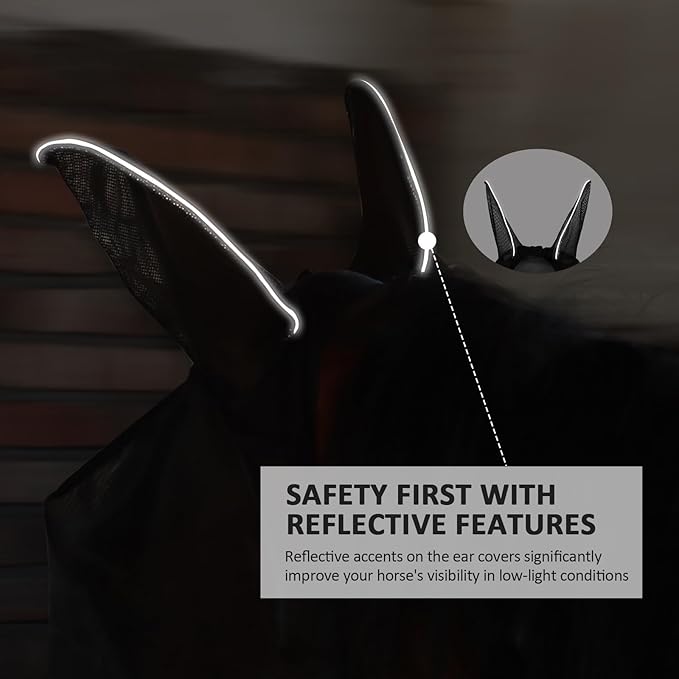 Horse Fly Mask Large Space Breathable UV Protection Equine Mask with Reflective Features on Ears Mars Black M