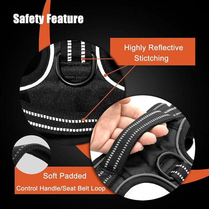 PHOEPET Reflective Dog Harness No Pull Large Breed Vest with 2 Metal Leash Attachment Hooks(XL, Blue)