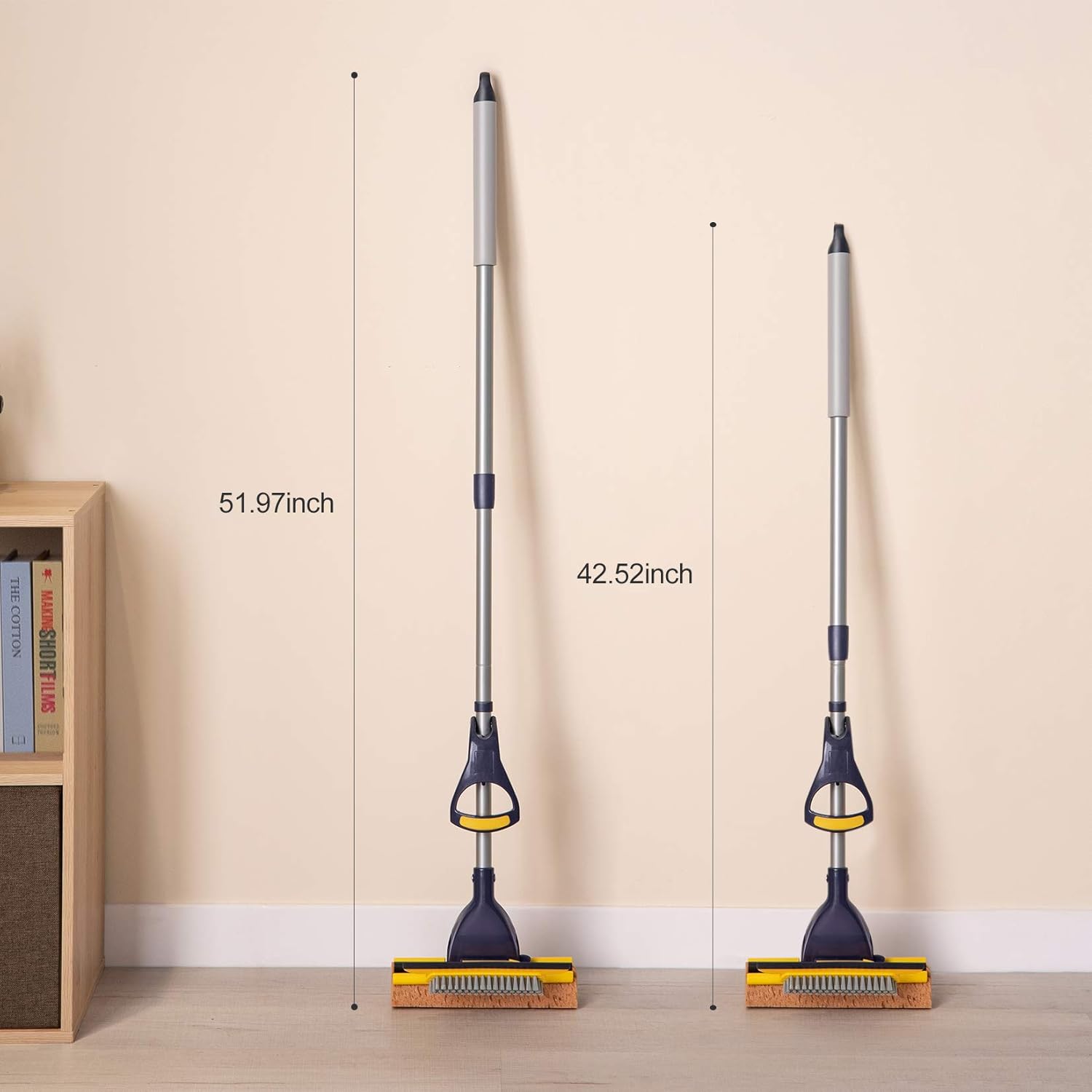 Yocada Sponge Mop Home Commercial Use Tile Floor Bathroom Garage Cleaning Total 2 Sponge Heads NOT 3 Telescopic Handle Squeegee from 42.5 to 52 Inches Easily Dry Wringing only 2 Heads