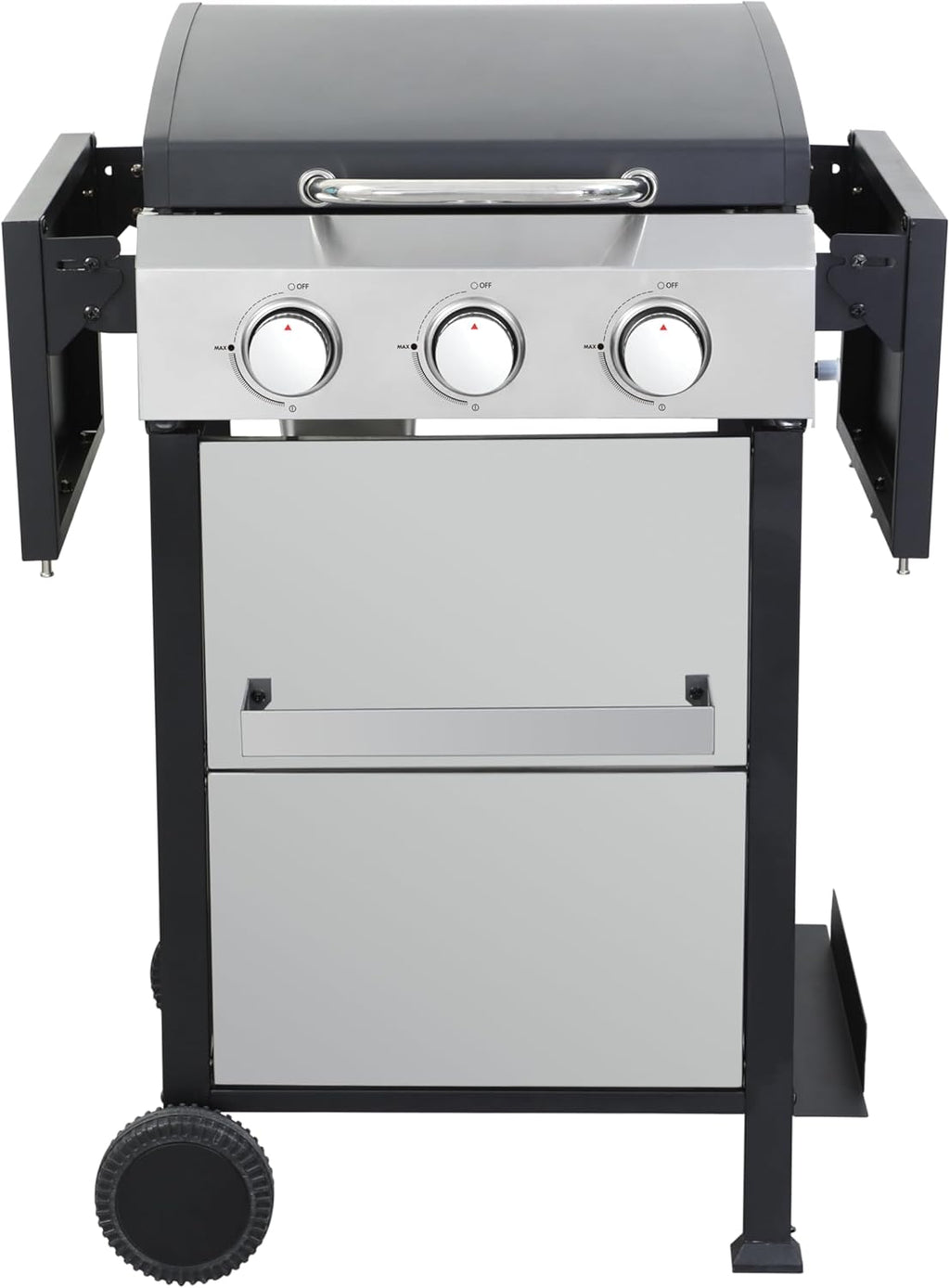 3-Burner Propane Gas BBQ Grill with SS Plancha, 36,900 BTU Output, Wire Enamel Grids, Foldable Side Table and Hanging Basket, Stainless Steel Grill for Patio Use