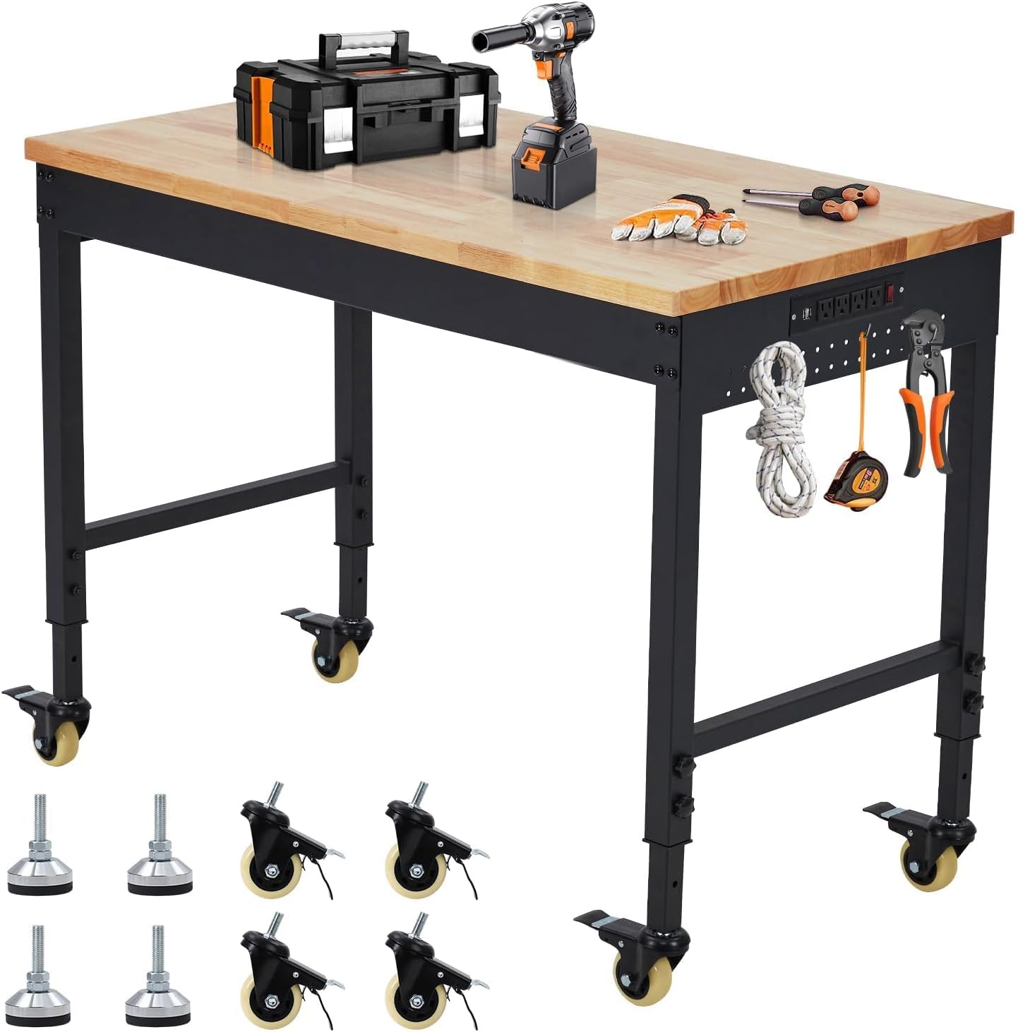 60'' Adjustable Workbench on Wheels, 2000LBS Heavy Duty Worktable with Power Outlets, Rubberwood Workstation for Workshop, Garage, Office, Home