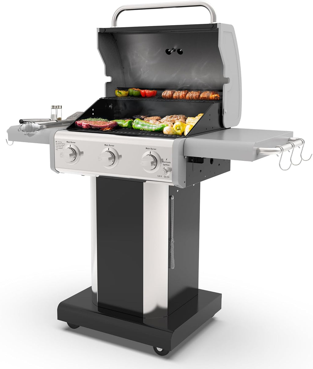 Kenmore 3-Burner Propane BBQ Grill, 30,000 BTUs Gas Grill with Cast Iron Cooking Grates, Folding Side Tables & Wheels, Outdoor Grill with Tool Hooks, Black