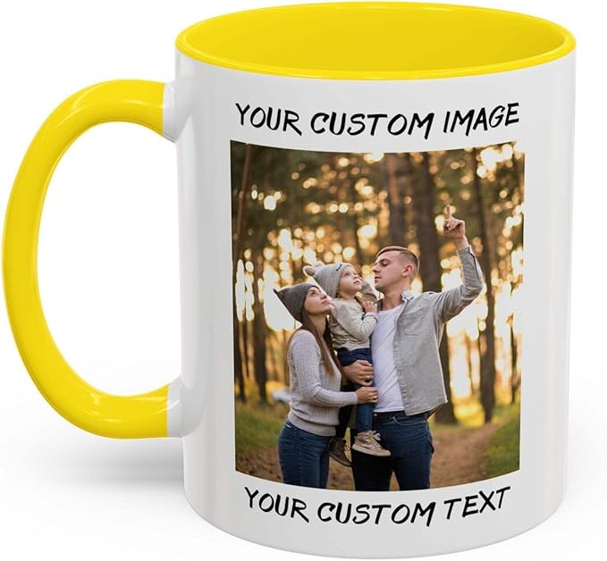 Personalized Coffee Cup with Photo, Logo or Text - Custom Both Sides Printed Mug for Him & Her - Unique Customized Gifts with Names - White/Yellow