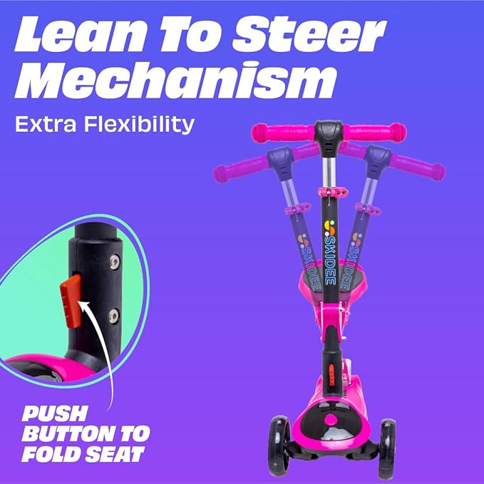 SKIDEE Kick Scooters for Kids Ages 3-5, Adjustable Height Foldable Scooter with Removable Seat, 3 LED Light Wheels, Rear Brake, Wide Standing Board, Suitable Up to 12 Year Old Boys/Girls