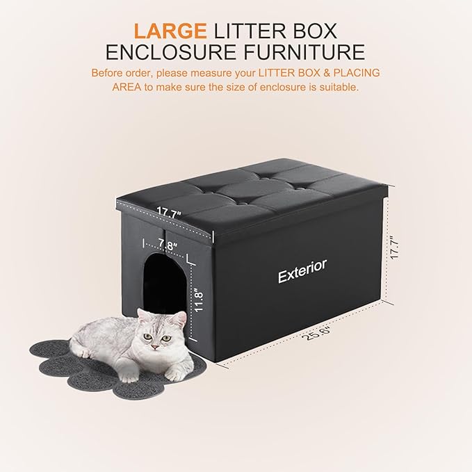 MEEXPAWS Cat Litter Box Enclosure Furniture Hidden, Cat Washroom Bench Storage Cabinet |Large 25.6'' x 17.7'' x 17.7''| Dog Proof | Waterproof Inside/Easy Clean | Easy Assembly | Odor Control(Black)