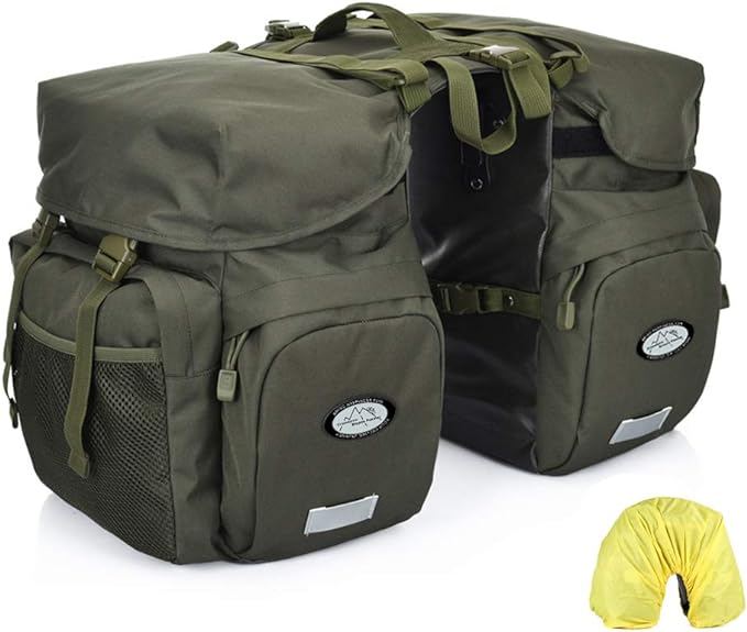 Dreamoon 50L Bike Panniers, Waterproof Bicycle Commuting Bag Saddle Bags with Rain Cover, Bike Rear Seat Bag Carrier with Reflective Trim, Cycling Organizer for Width Less Than 6.3 inches Rack (Green)