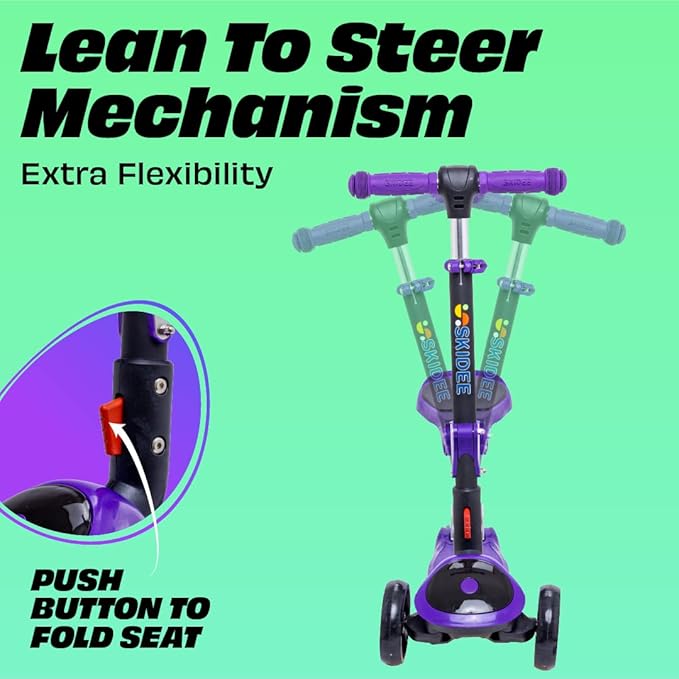 SKIDEE Kick Scooters for Kids Ages 3-5, Adjustable Height Foldable Scooter with Removable Seat, 3 LED Light Wheels, Rear Brake, Wide Standing Board, Suitable Up to 12 Year Old Boys/Girls