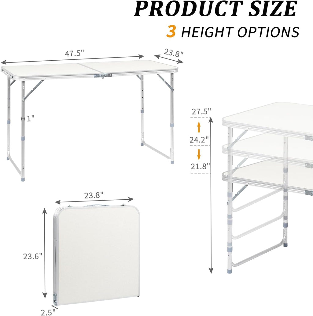 Outvita 4ft Portable Folding Camping Table, Outdoor Waterproof Adjustable Height Table, Aluminum Lightweight Suitcase Foldable Table for Picnic BBQ Beach Dining