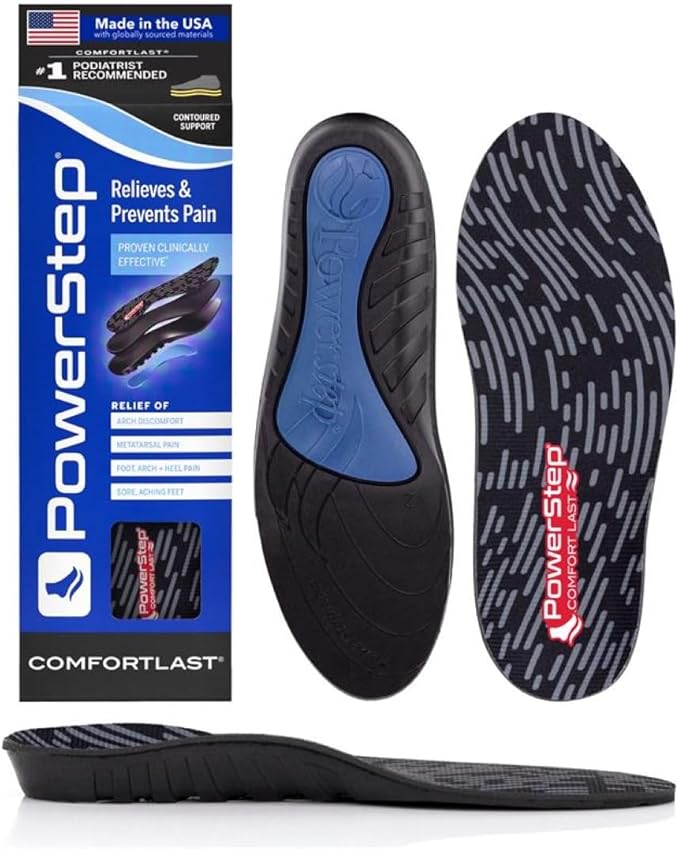 PowerStep Comfort Last Insoles, Cushioning Gel Insoles for Standing All Day, Supports Metatarsal Pain, Foot Arch, Heel Pain, All Day Comfort, Made in The USA (Men's 3-4.5 / Women's 5-6.5)