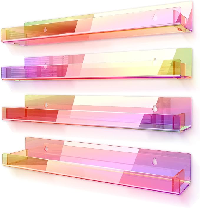 4 Pack 15 Inch Iridescent Acrylic Shelves, Clear Rainbow Floating Shelves for Wall, Modern Sunglasses Essential Oil Picture Ledge Display Toy Storage Wall Shelf