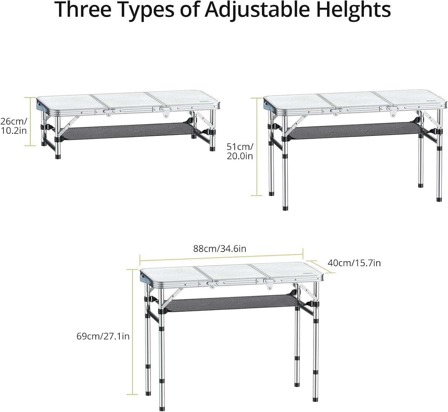 Folding Camping Table with Storage Net, 3ft Camping Table Aluminum Folding Table with 3 Adjustable Height Max 27.1 Inch, Portable, for Outdoor Backyard BBQ, Silver