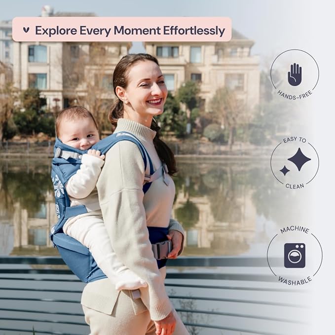 BabbleRoo Grow Carrier – Safety-Certified 6-in-1 Baby Carrier with Hip Seat, Ergonomic & Adjustable Toddler Carrier 7-50 lbs with Hip Support, Hood for Sun Protection, Newborn to Toddler, Denim Leaves